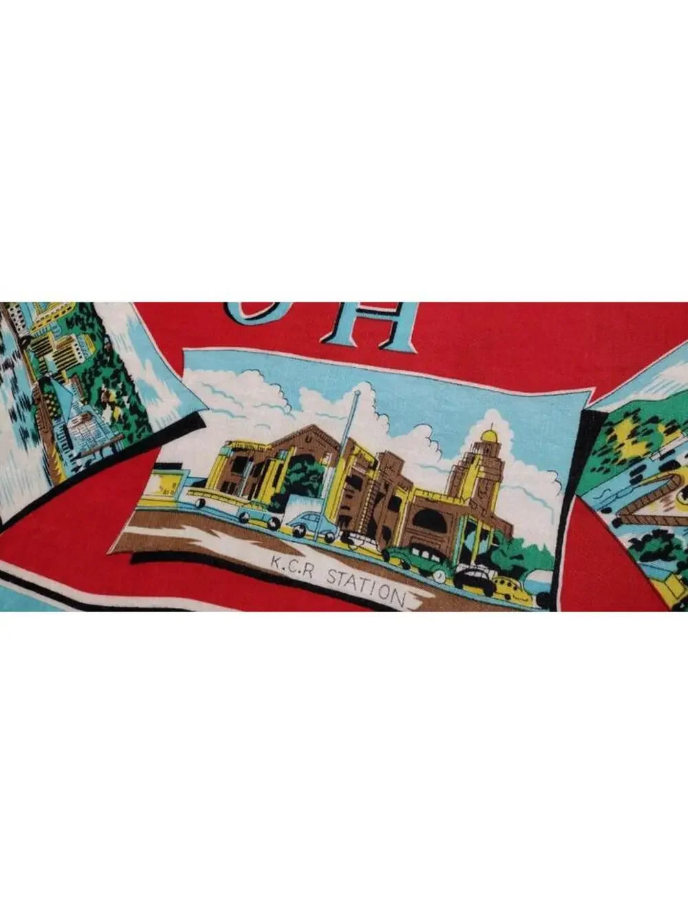 Vintage 1940s 50s Green Dragon Scarf HONG KONG Bably Blue Chinese Red Landscapes
